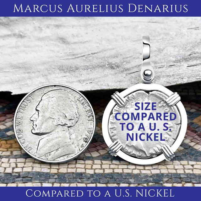 Roman Empire Silver Denarius Coin of Marcus Aurelius, the Philosopher Warrior 172 AD 14K Gold and Sterling Silver Pendant | Artifact #4071