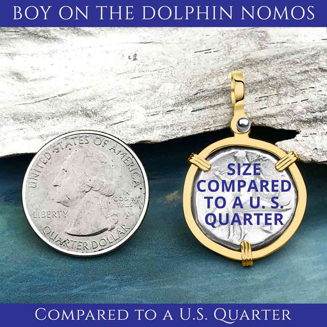 Ancient Greek Boy on the Dolphin Silver Nomos 344-235 BC Zero-Die Pendant in 14K Gold | Artifact #8767