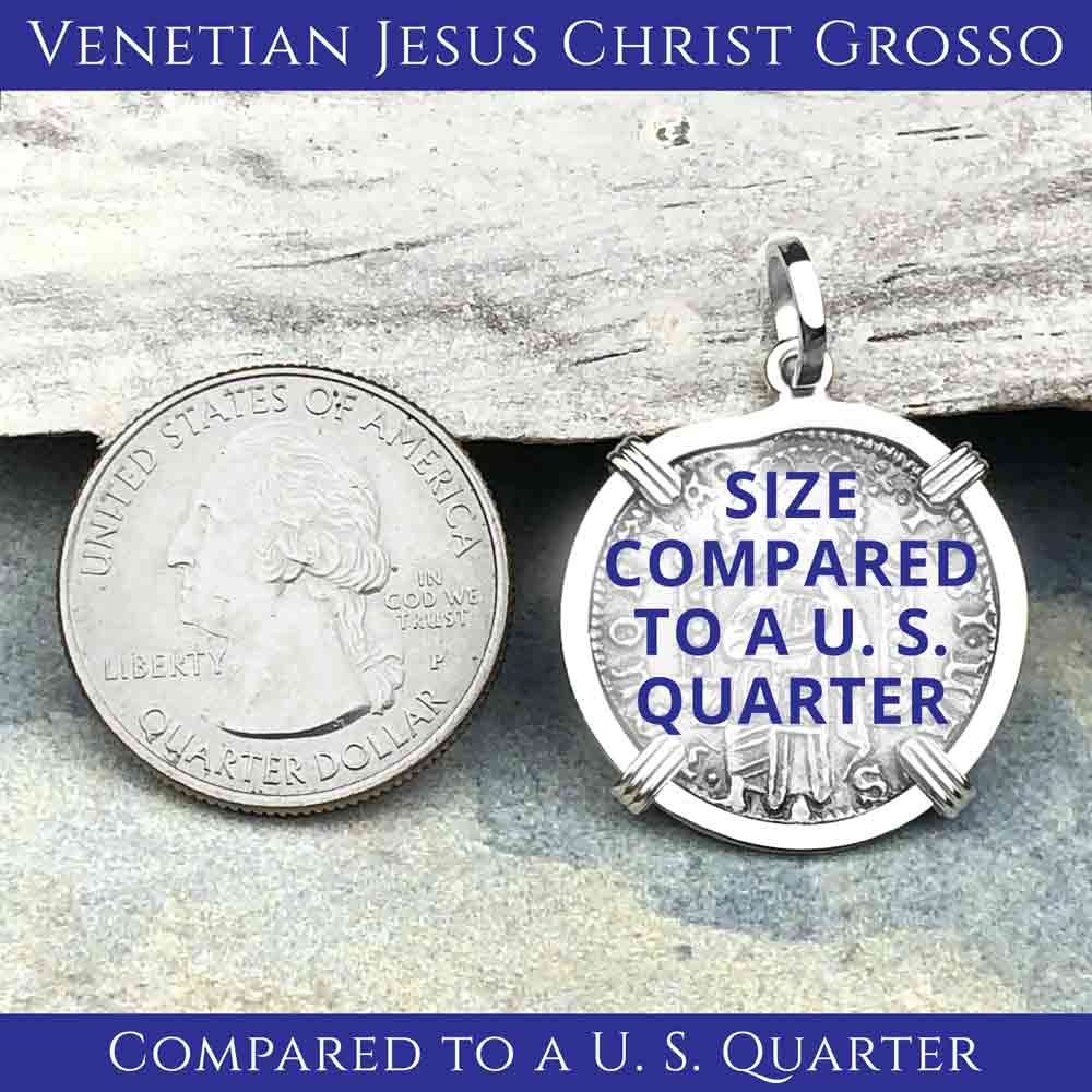 Venetian Jesus Christ Glory, Devotion &amp; Courage Silver 1390 Grosso Coin Sterling Silver Pendant | Artifact #3115