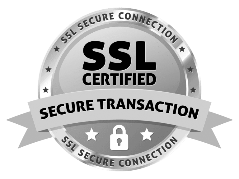 A silver badge displays "SSL CERTIFIED" at the center, with "SECURE TRANSACTION" on a ribbon below, and "SSL SECURE CONNECTION" around the edge, featuring a padlock icon.