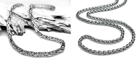 A Byzantine chain necklace rests on textured wood, highlighting its intricate, interlocking design in silver tones. The chain curves gracefully, showcasing its elegant craftsmanship.