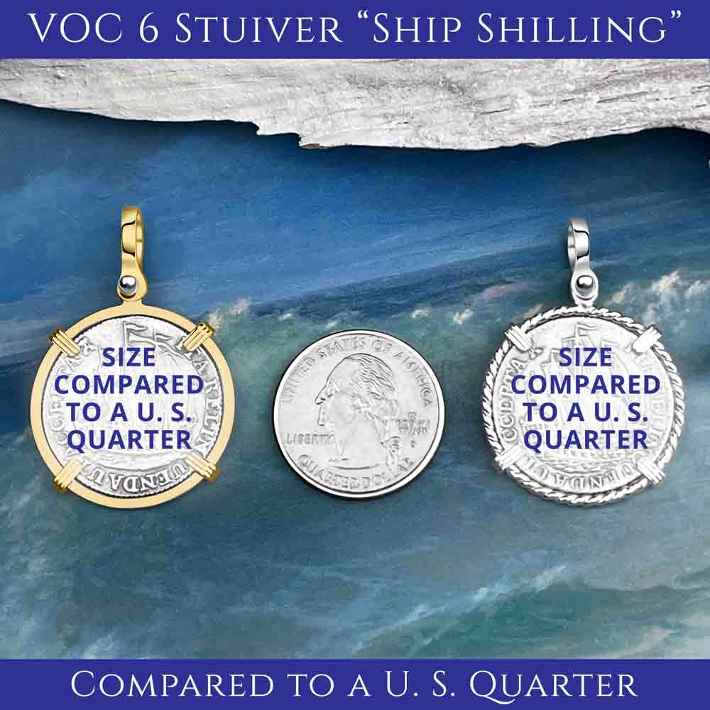 Ship Shillings coin pendants compared to a U.S. quarter.