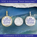 Ship Shillings coin pendants compared to a U.S. quarter.