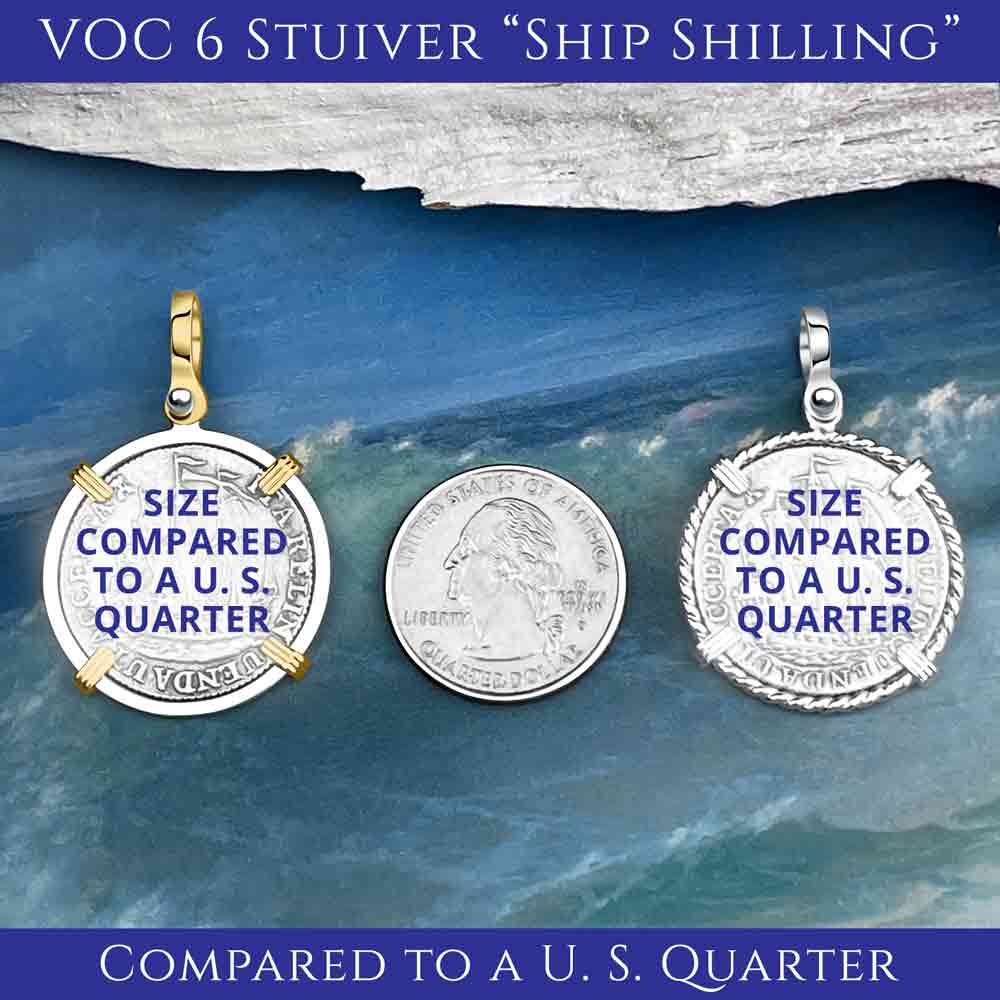 Dutch East India Company 1765 Silver 6 Stuiver Ship Shilling &quot;God is our Refuge&quot; 14K Gold &amp; Sterling Silver Pendant | Artifact #8685