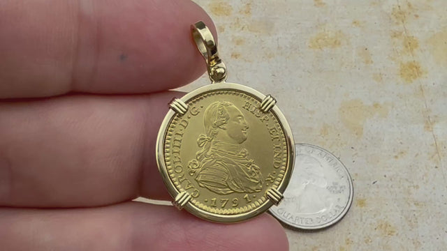 video 1791 Spanish 22K Gold Portrait 2 Escudo - the Legendary Doubloon - 18K Gold Pendant