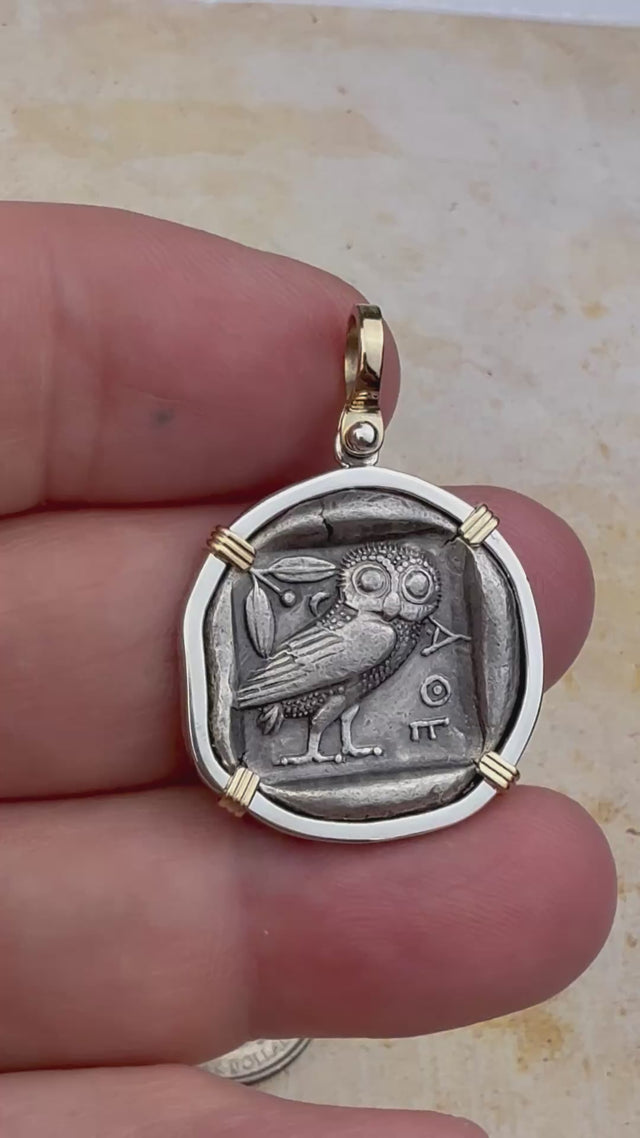video Ancient Greek Athena and the Owl Silver Tetradrachm circa 450 BC 14K Gold and Sterling Silver Pendant