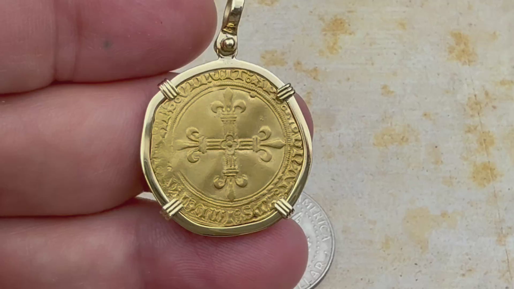 Medieval France Royal 22K Gold Ecu d'or au Soleil Cross Coin Charles VIII circa 1483 18K Gold Pendant