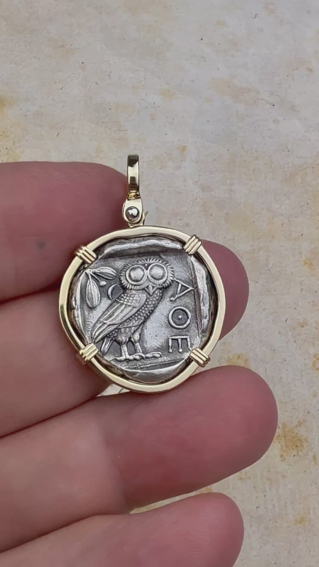 video Ancient Greek Athena and the Owl Silver Tetradrachm circa 450 BC 14K Gold Pendant