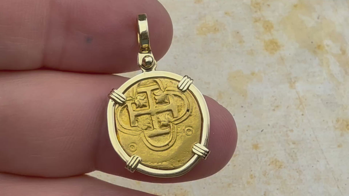 UNIQUE Pirate Era Circa 1590s 22K Gold 2 Escudo - the Legendary Doubloon - 18K Gold Pendant | Artifact #5400