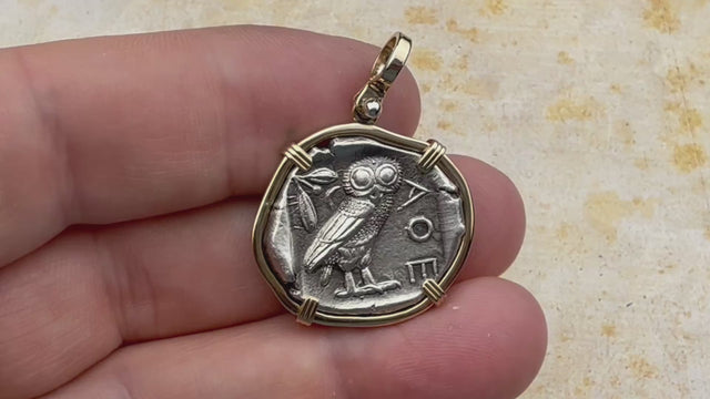Ancient Greek Athena and the Owl Silver Tetradrachm circa 450 BC 14K Gold Pendant | Artifact #5558