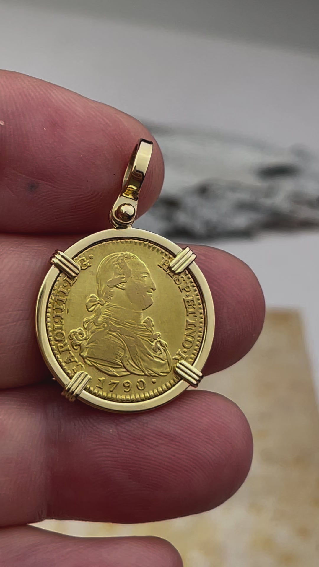 video 1790 Spanish 22K Gold Portrait 2 Escudo - the Legendary Doubloon - 18K Gold Pendant 