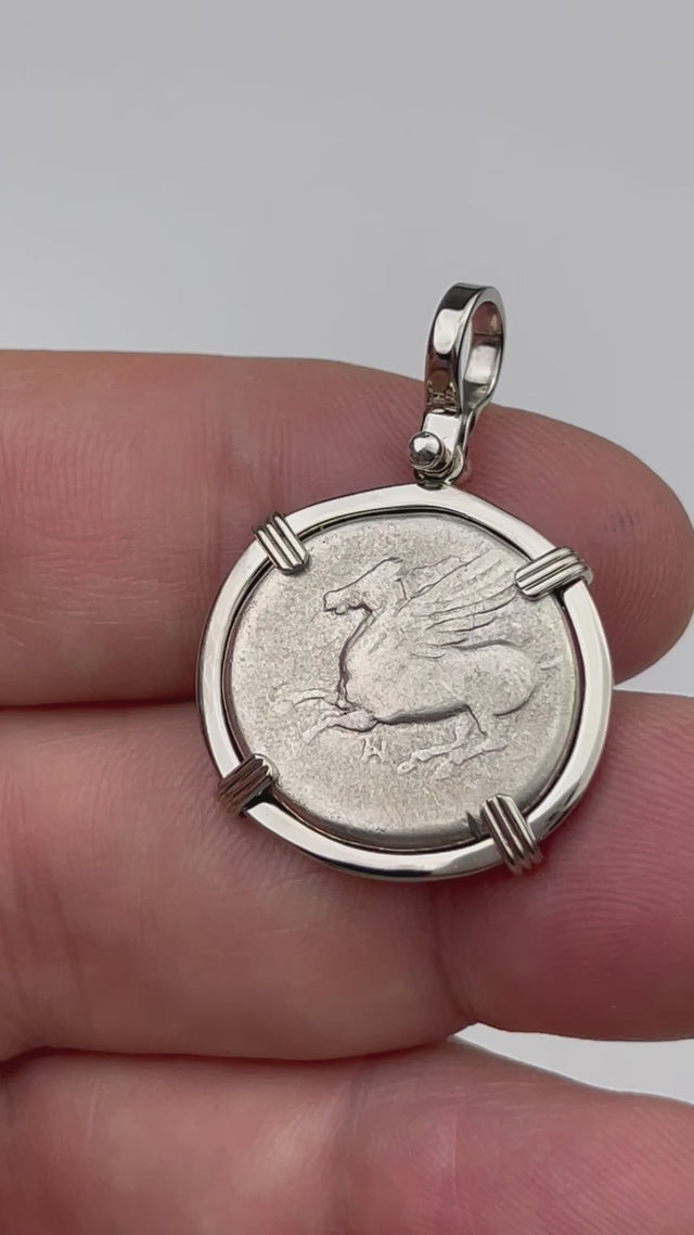 Ancient Greek Pegasus and Athena Silver Stater circa 350 – 240 BC 14K White Gold Pendant | Artifact #9701