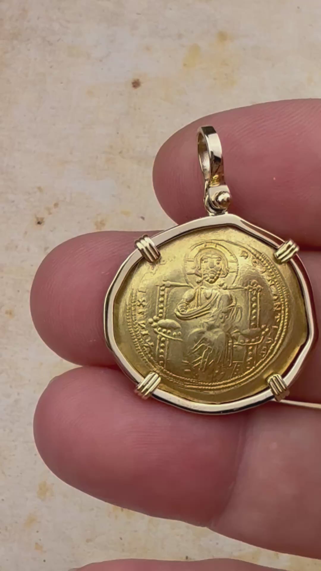 video Byzantine Jesus Christ King of Kings 23K Gold Histamenon Nomisma Coin Circa 1059 AD 18K Gold Pendant