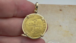 VIDEO Medieval France Royal 22K Gold Ecu d'or au Soleil Cross Coin Charles VIII circa 1490 in an 18K Gold Pendant 