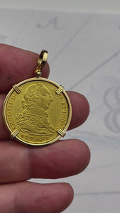 video 1788 Spanish 22K Gold Portrait 4 Escudo - the Legendary Doubloon - 18K Gold Pendant 