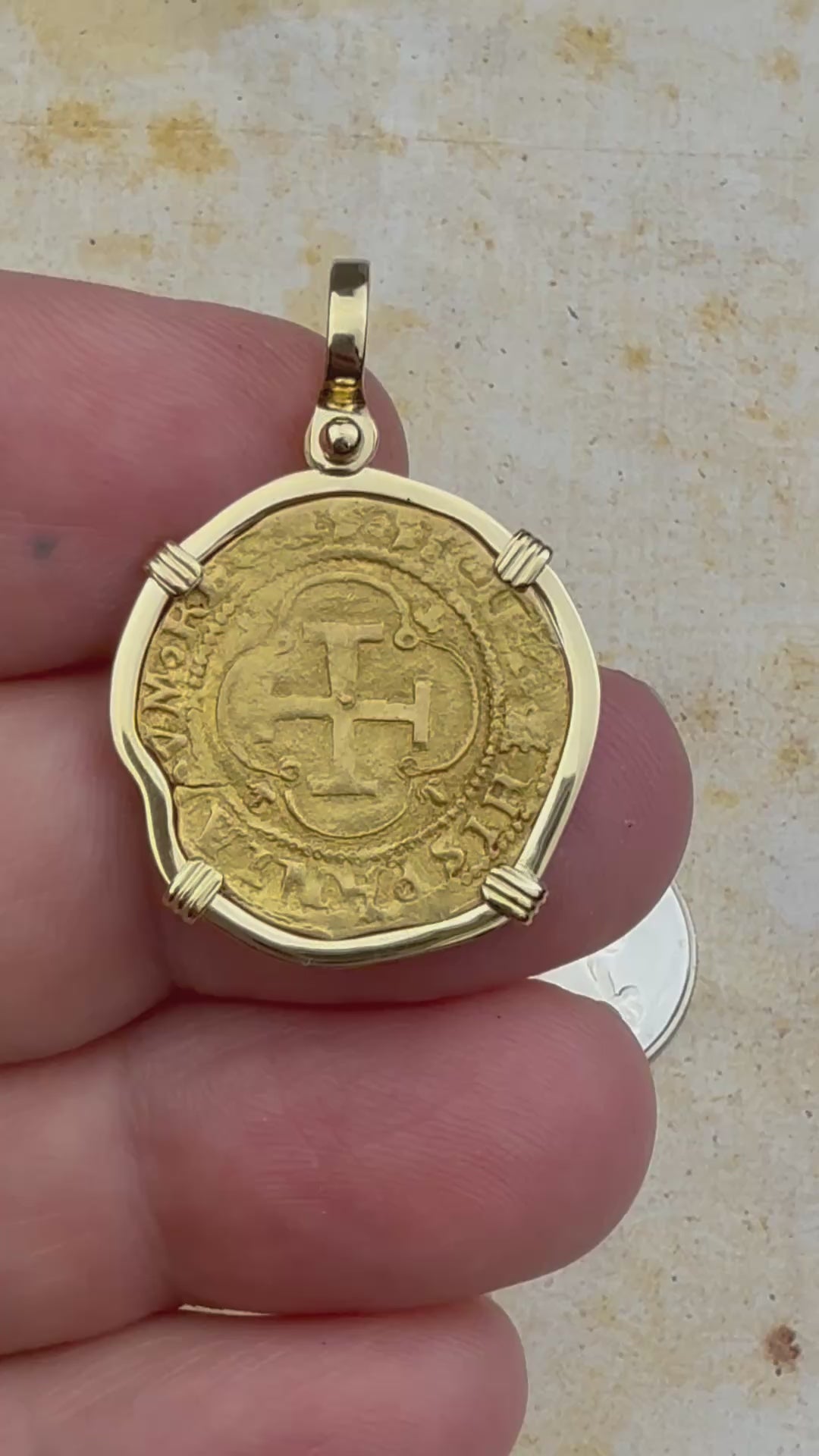 video Circa 1550 22K Gold One Escudo - the Legendary Doubloon - 18K Gold Pendant