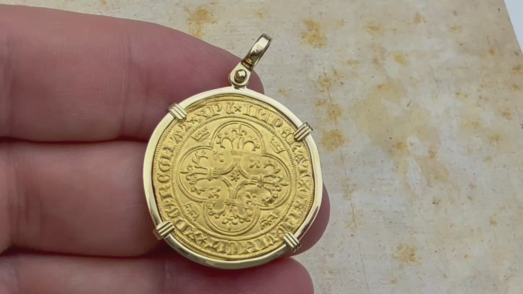 Medieval France Royal 22K Gold Ecu d'or Cross Coin of Charles VI circa 1380 18K Gold Pendant 