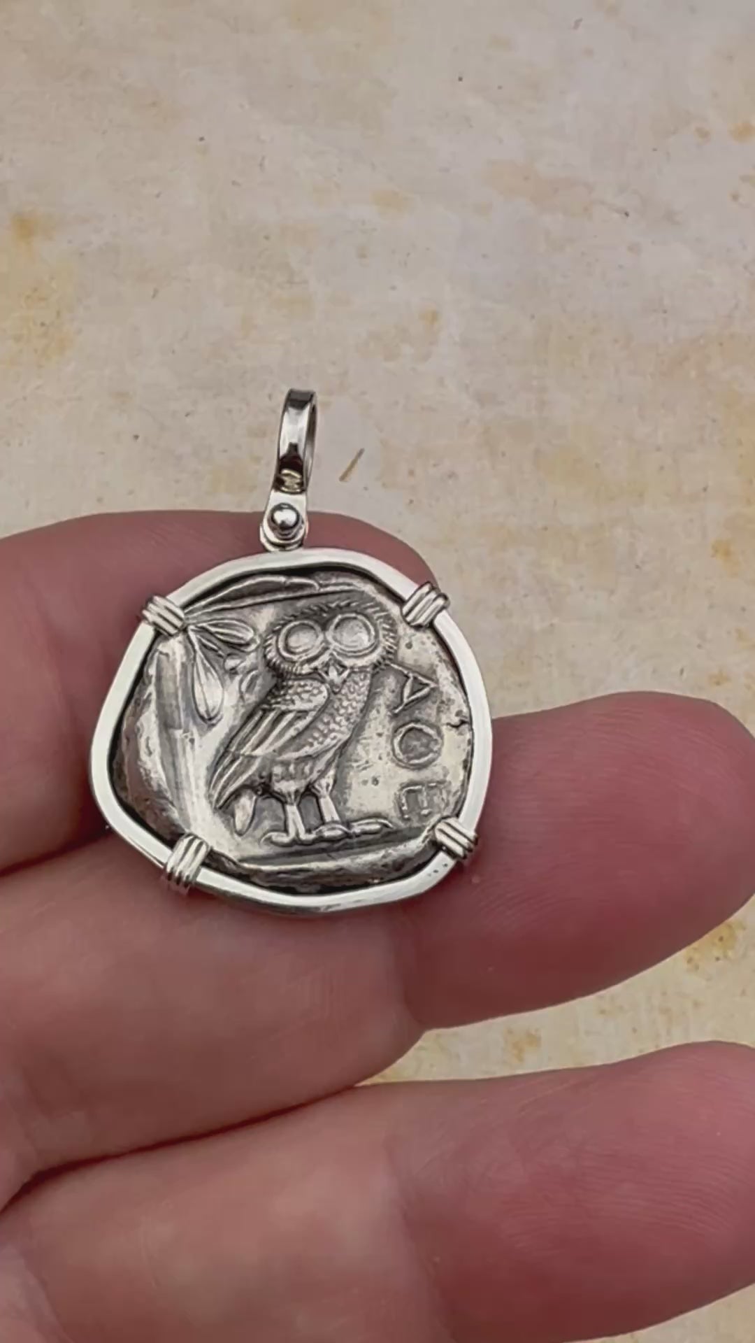 Ancient Greek Athena and the Owl Silver Tetradrachm circa 450 BC 14K White Gold Pendant 