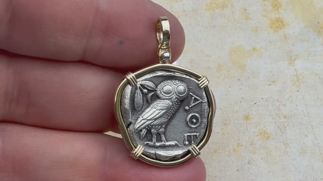 Ancient Greek Athena and the Owl Silver Tetradrachm circa 450 BC 14K Gold Pendant | Artifact #5787