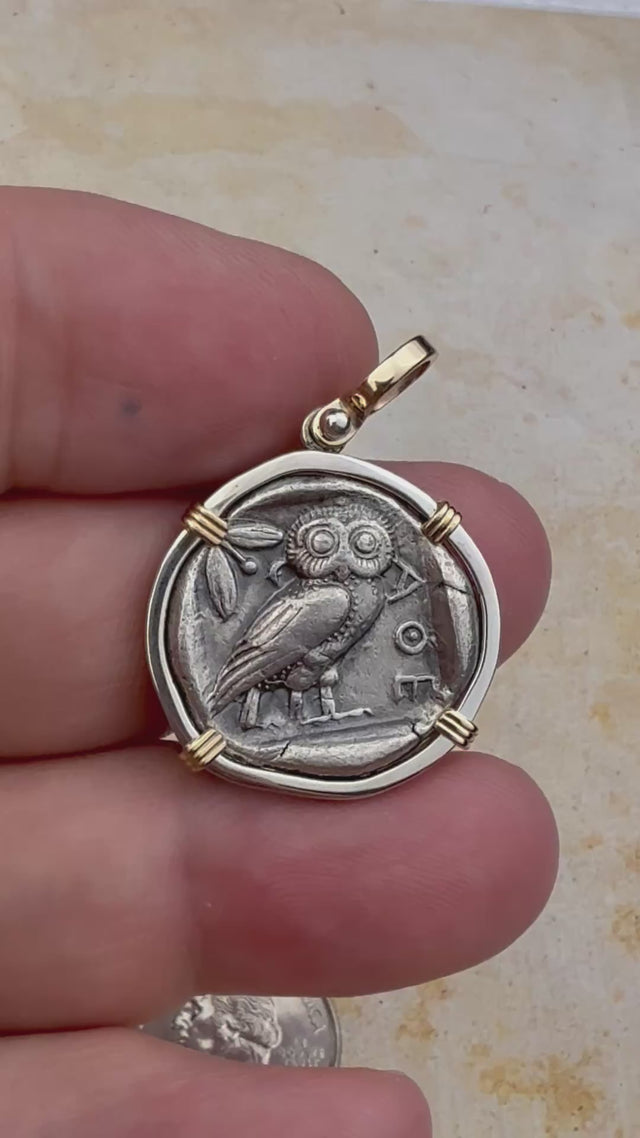 Ancient Greek Athena and the Owl Silver Tetradrachm circa 450 BC 14K Gold and Sterling Silver Pendant