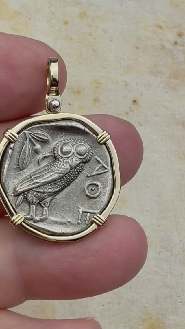 Ancient Greek Athena and the Owl Silver Tetradrachm circa 450 BC 14K Gold Pendant | Artifact #4927