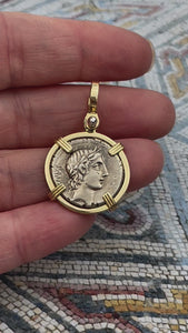 VIDEO Roman Republic Silver Denarius 90 BC Apollo and Minerva 14K Gold Pendant