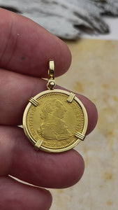 VIDEO 1788 Spanish 22K Gold Portrait 2 Escudo - the Legendary Doubloon - 18K Gold Pendant