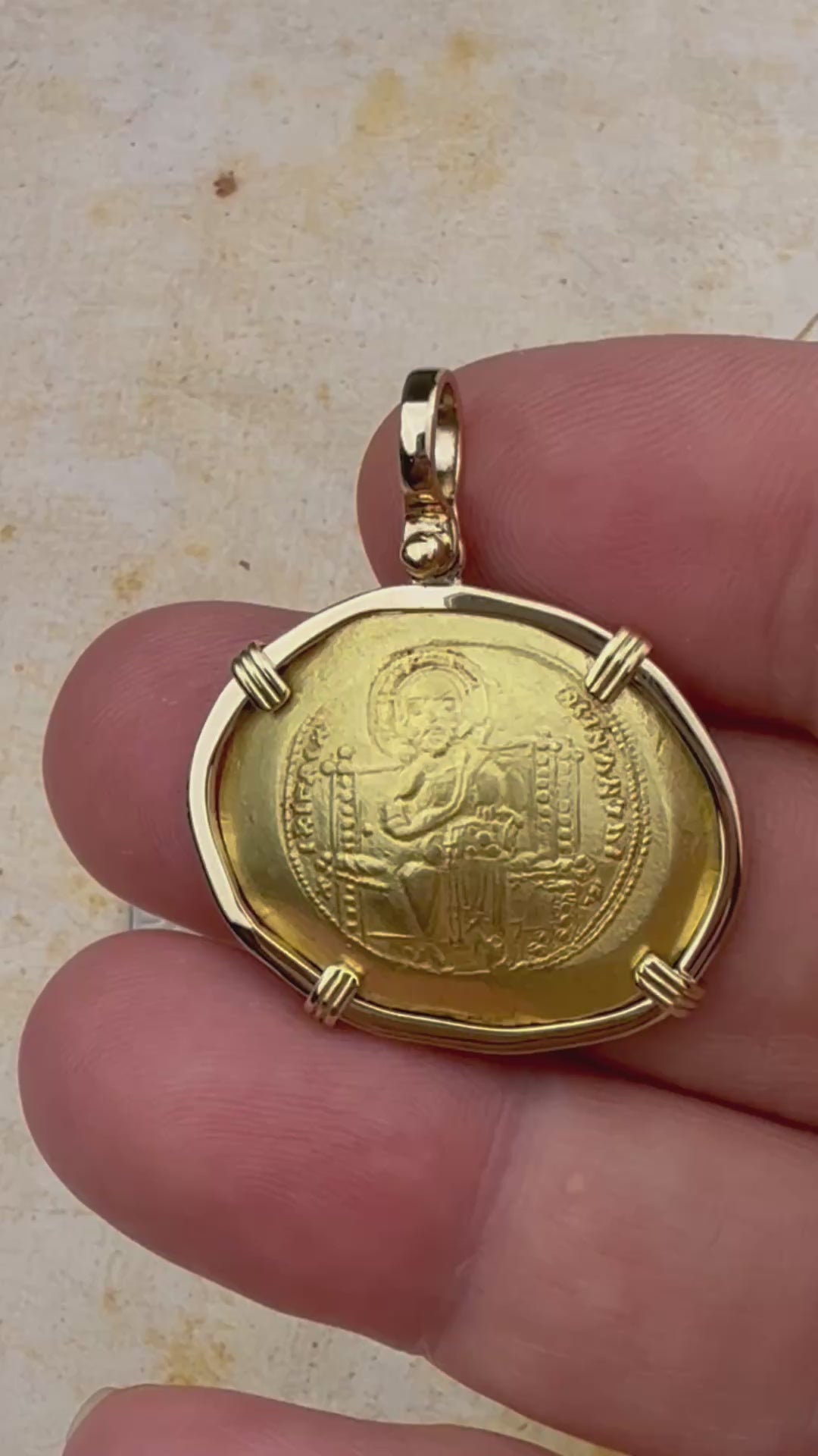 video Byzantine Jesus Christ King of Kings 23K Gold Histamenon Nomisma Coin Circa 1059 AD 18K Gold Pendant