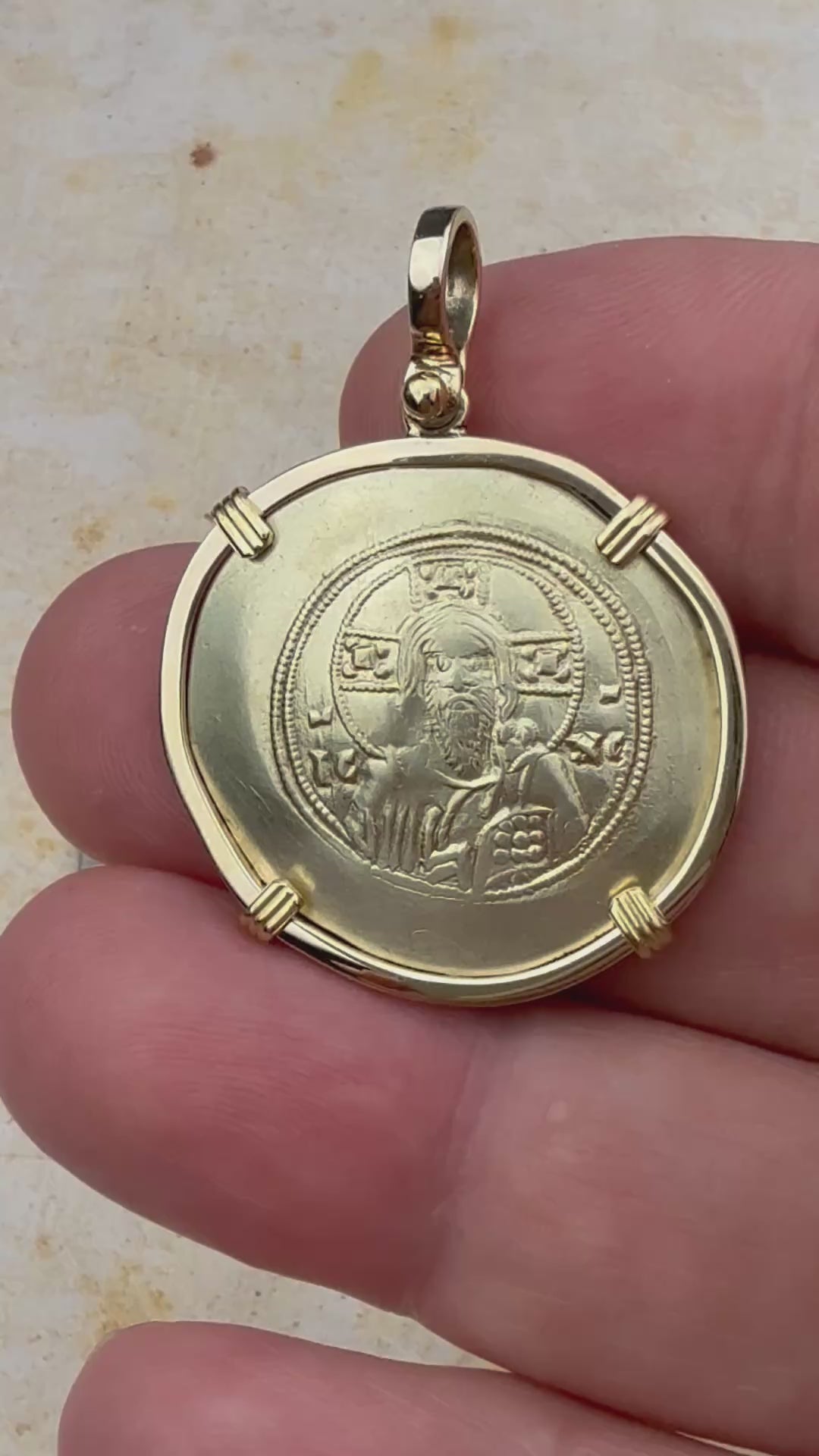 videdo Byzantine Jesus Christ Histamenon Gold Coin Circa 1071 AD 18K Gold Pendant