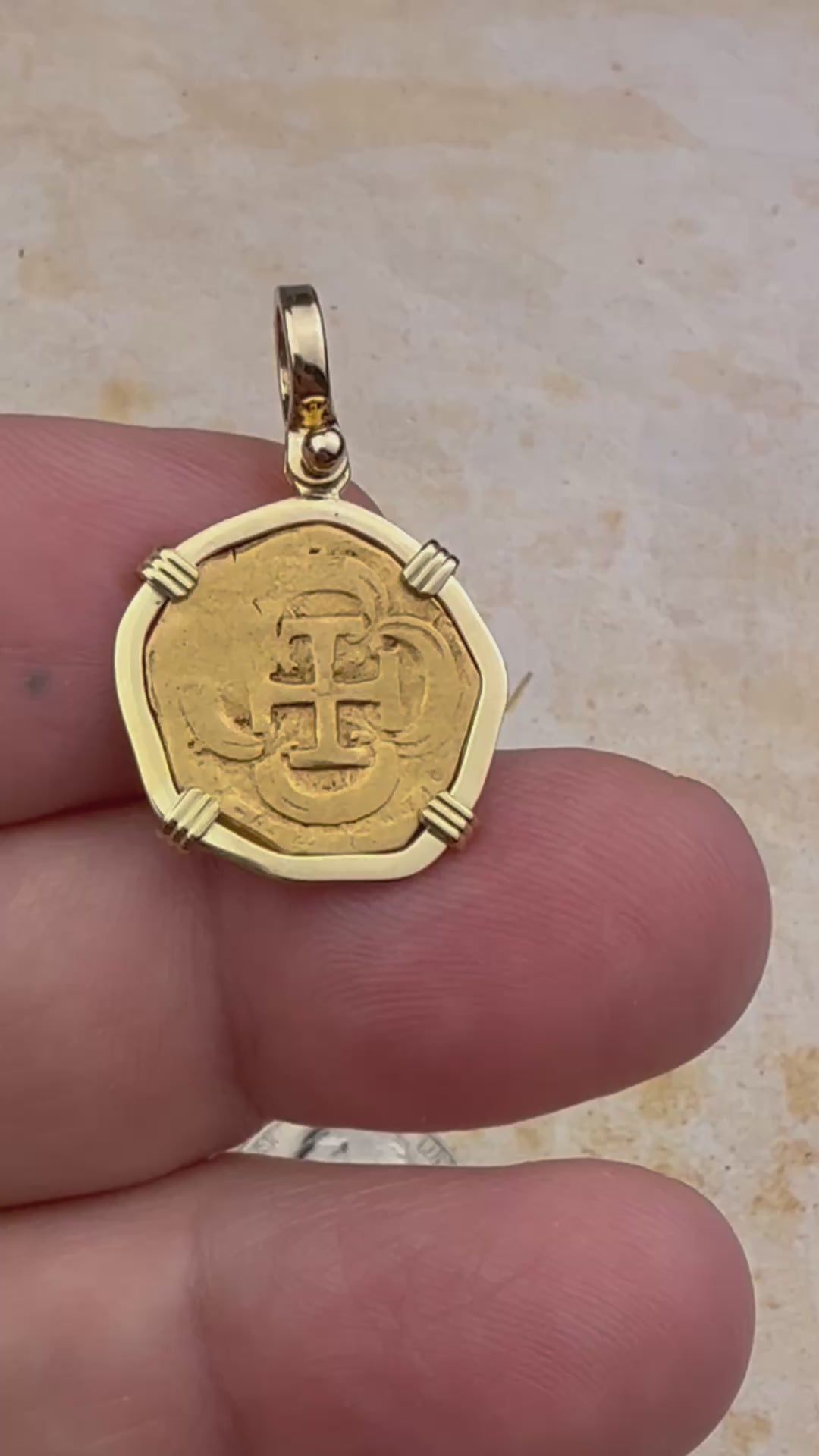 video Pirate Era circa 1611 22K Gold One Escudo - the Legendary Doubloon - 18K Gold Pendant