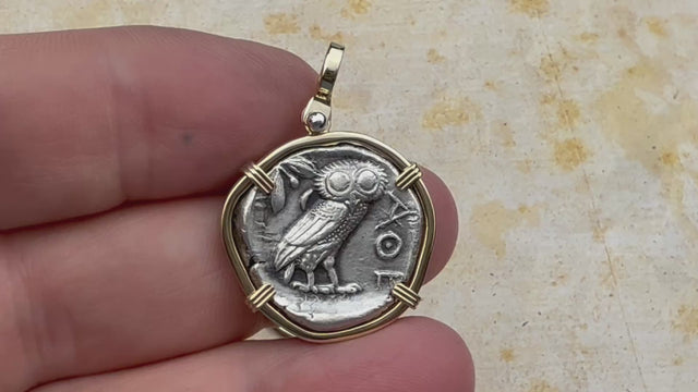 Ancient Greek Athena and the Owl Silver Tetradrachm circa 450 BC RARE Zero-Die 14K Gold Pendant | Artifact #5786