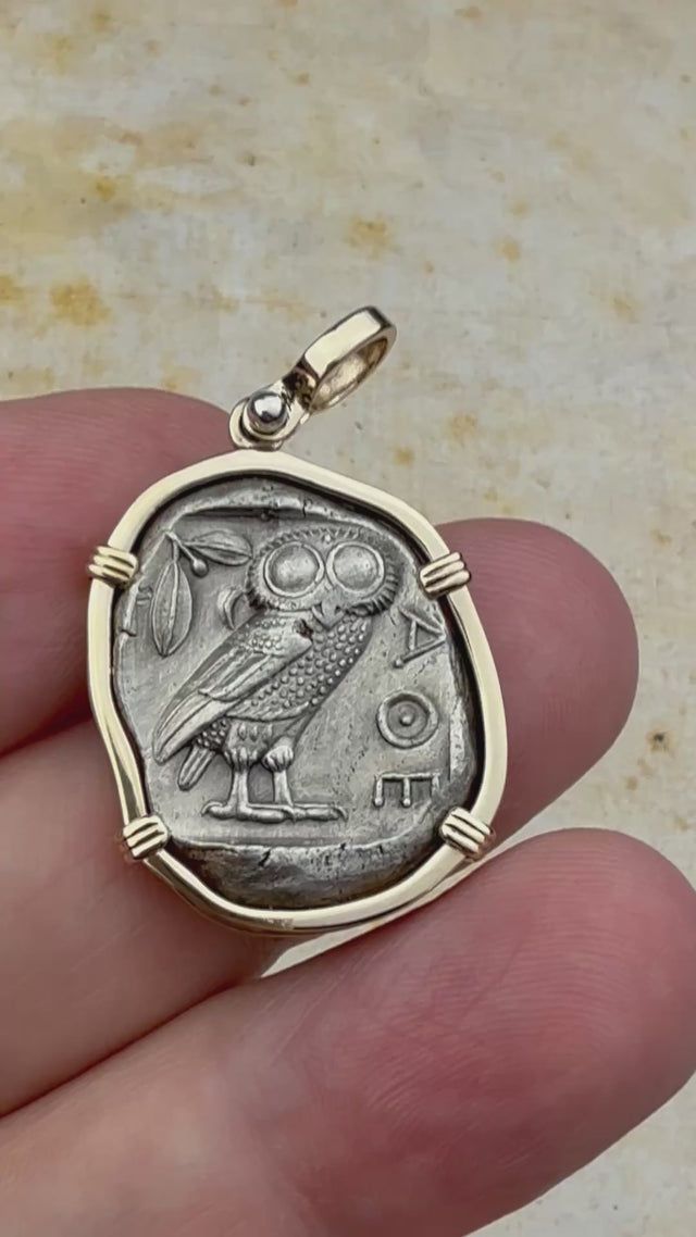 Ancient Greek Athena and the Owl Silver Tetradrachm circa 450 BC RARE Zero-Die 14K Gold Pendant | Artifact #4922