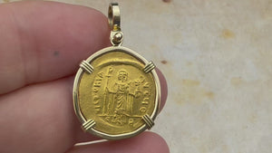 video Byzantine Empire 24K Gold Angel Solidus Coin Circa 607 AD in 18K Gold Pendant