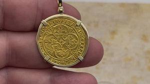 video Medieval France Royal 22K Gold Ecu d'or Cross Coin of Charles VI circa 1380 in an 18K Gold Pendant 