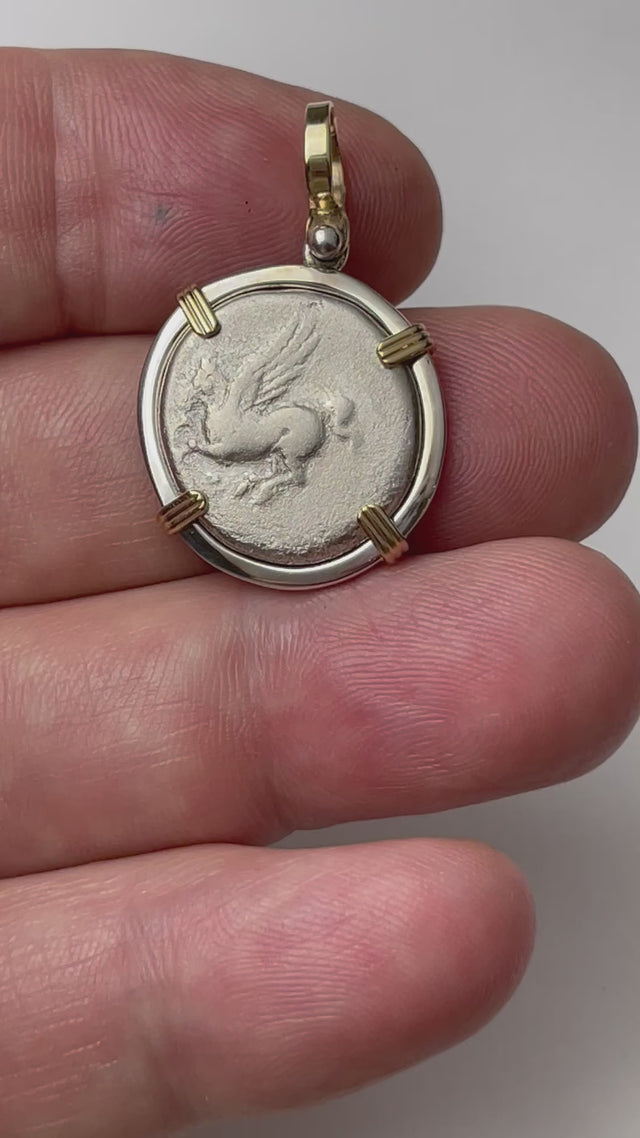 Ancient Greek Pegasus and Athena Silver Stater circa 350 – 240 BC 14K Gold & Sterling Silver Pendant | Artifact #9480
