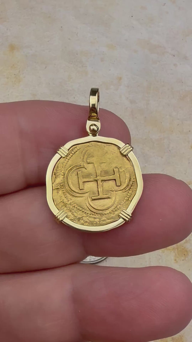 video Pirate Era Circa 1566 22K Gold One Escudo - the Legendary Doubloon - 18K Gold Pendant