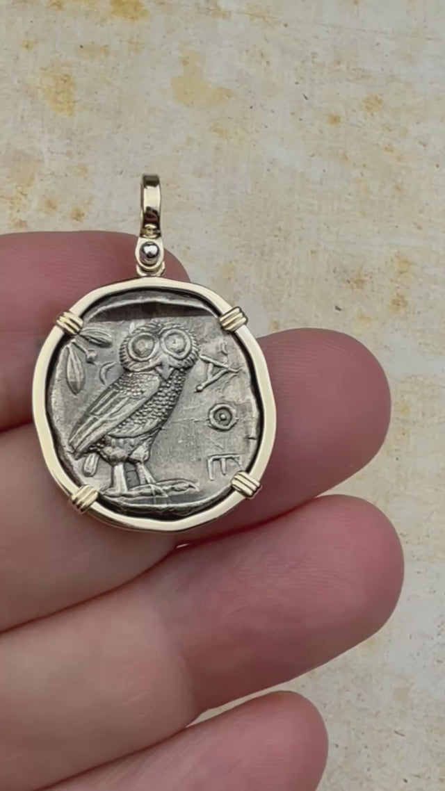 Ancient Greek Athena and the Owl Silver Tetradrachm circa 450 BC 14K Gold Pendant | Artifact #4926