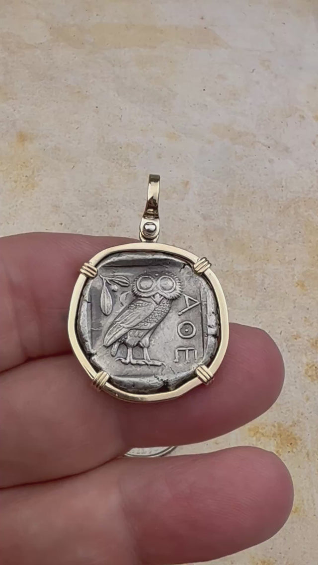 Ancient Greek Athena and the Owl Silver Tetradrachm circa 450 BC RARE Zero-Die 14K Gold Pendant | Artifact #4484