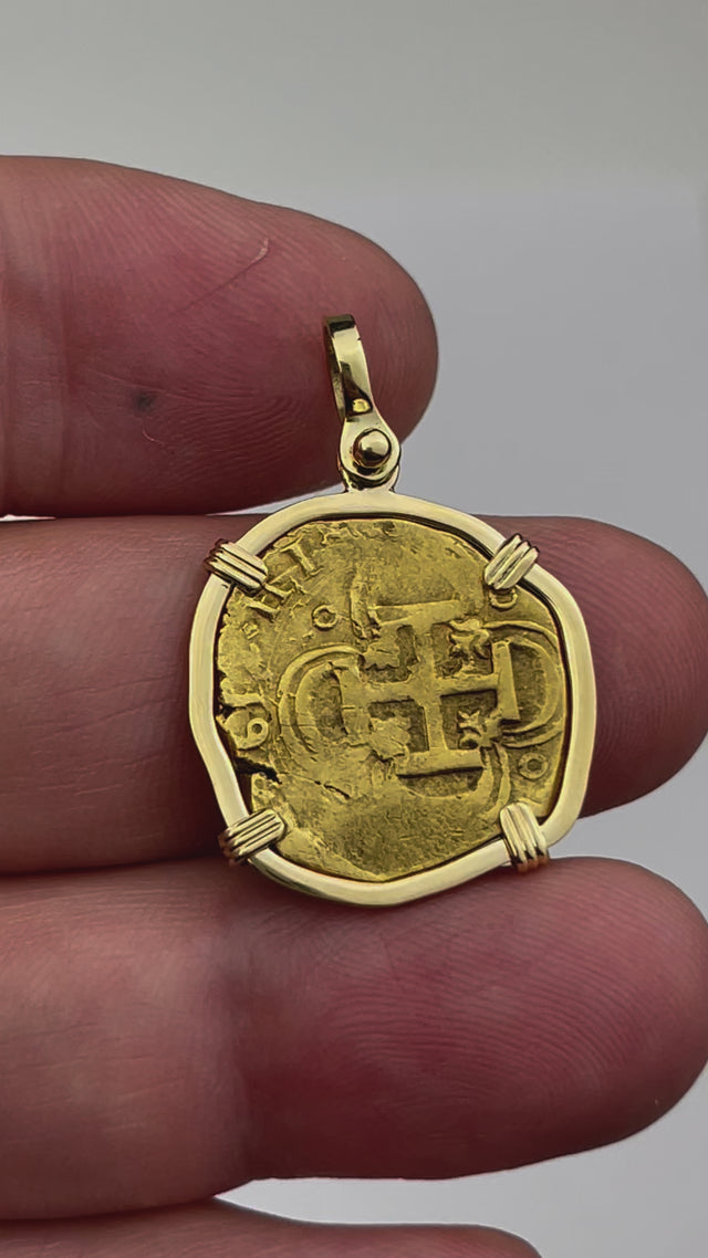 RARE Dated 1612 Pirate Era 22K Gold 2 Escudo - the Legendary Doubloon - 18K Gold Pendant | Artifact #8321