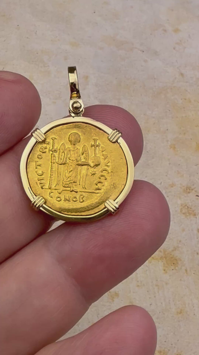 video Byzantine Empire 24K Gold VICTORY Angel Solidus Coin Circa 527 AD in 18K Gold Pendant
