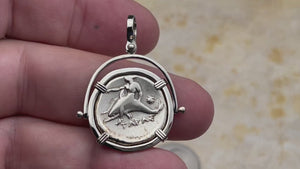 video Ancient Greek Boy on the Dolphin Silver Nomos 344-235 BC Pendant in 14K white Gold