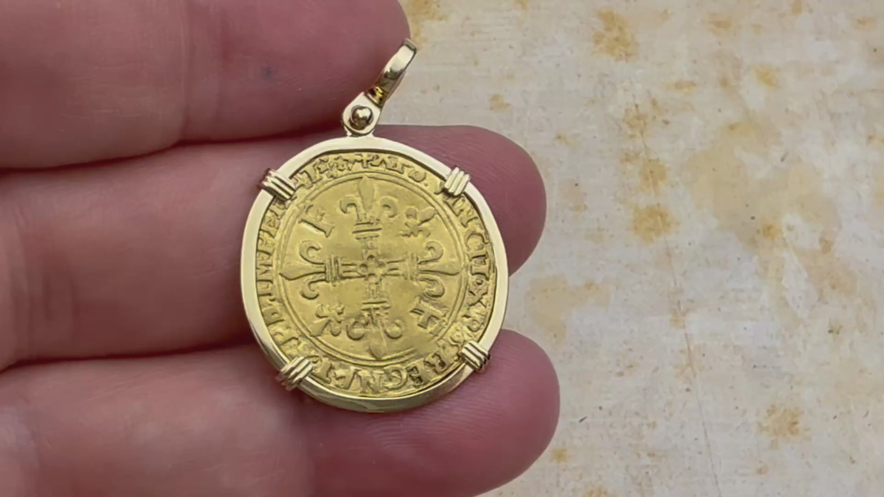 Medieval France Royal 22K Gold Ecu d'or au Soleil Cross Coin Francis I circa 1515 18K Gold Pendant video