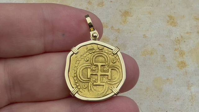 RARE DATED 1593 Pirate Era 22K Gold 2 Escudo - the Legendary Doubloon - 18K Gold Pendant