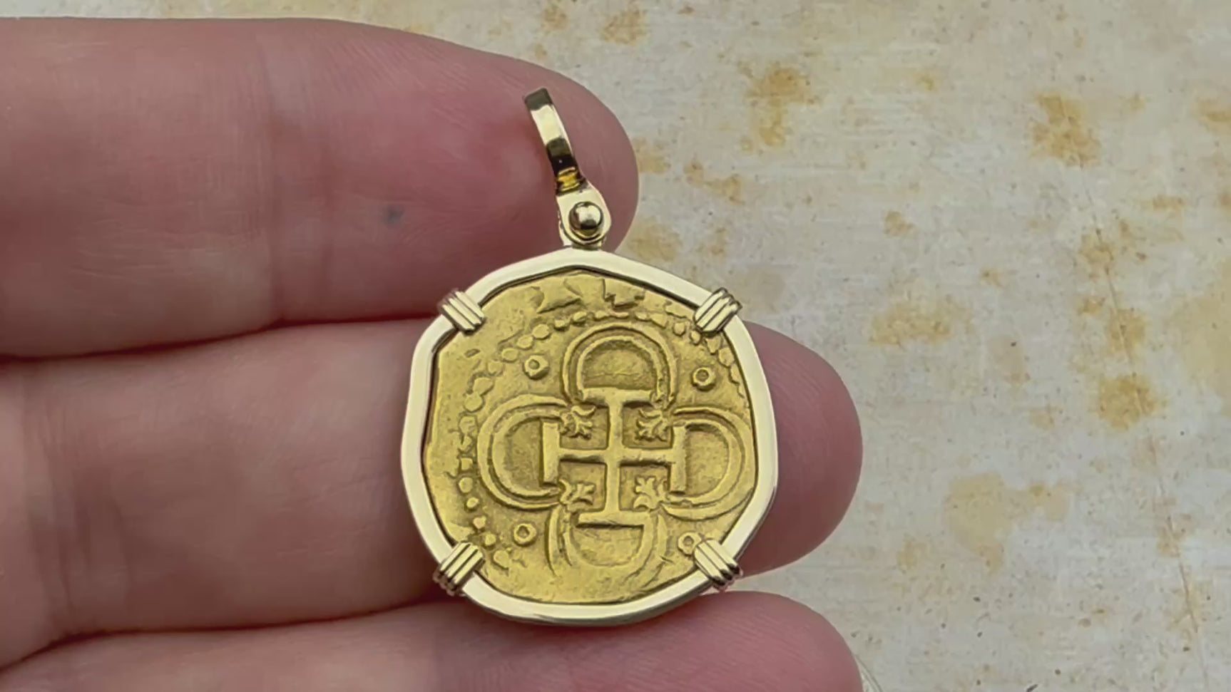 RARE DATED 1593 Pirate Era 22K Gold 2 Escudo - the Legendary Doubloon - 18K Gold Pendant