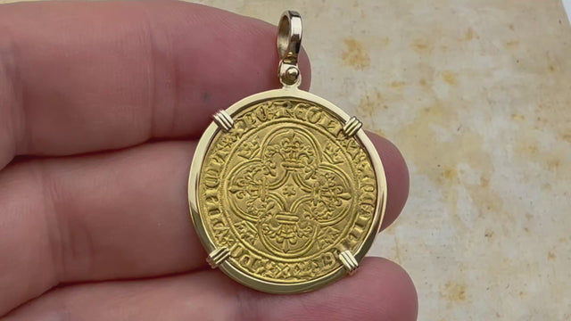 video Medieval France Royal 22K Gold Ecu d'or Cross Coin of Charles VI circa 1380 18K Gold Pendant