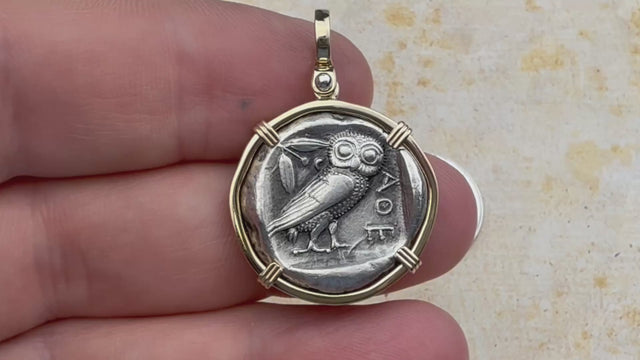 Ancient Greek Athena and the Owl Silver Tetradrachm circa 450 BC 14K Gold Pendant | Artifact #5757