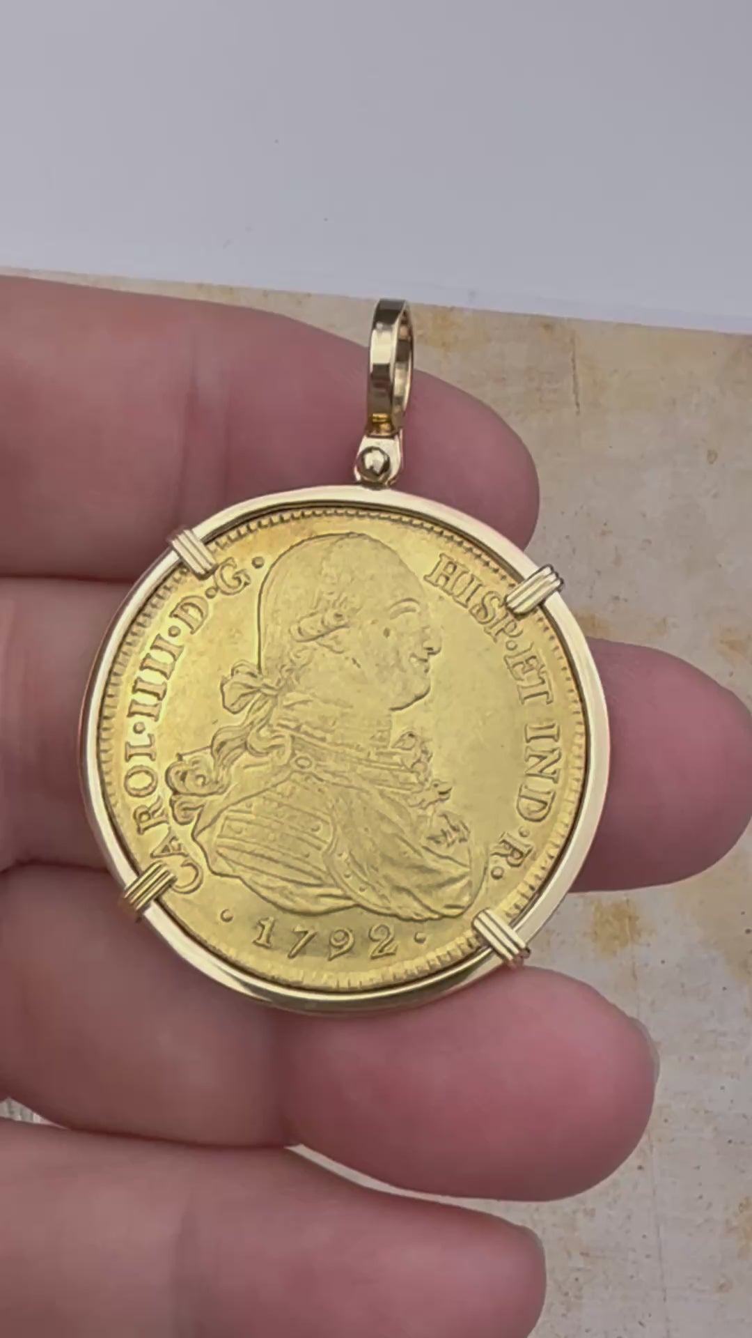 video 1792 Spanish 22K Gold 8 Escudo Portrait Coin - the Legendary Doubloon - 18K Gold Pendant