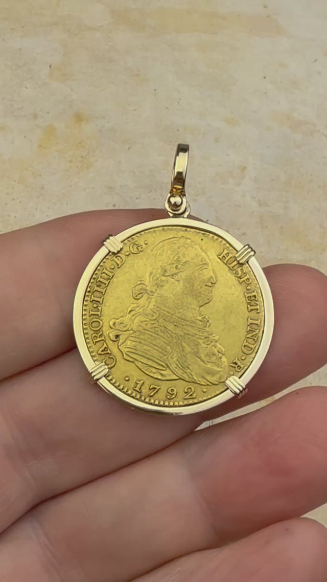 video 1792 Spanish 22K Gold Portrait 4 Escudo - the Legendary Pirate Era Doubloon - 18K Gold Pendant