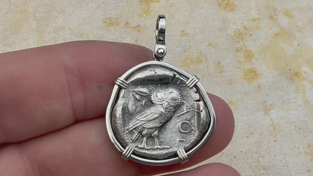 Ancient Greek Athena and the Owl Silver Tetradrachm circa 450 BC 14K White Gold Pendant | Artifact #5785