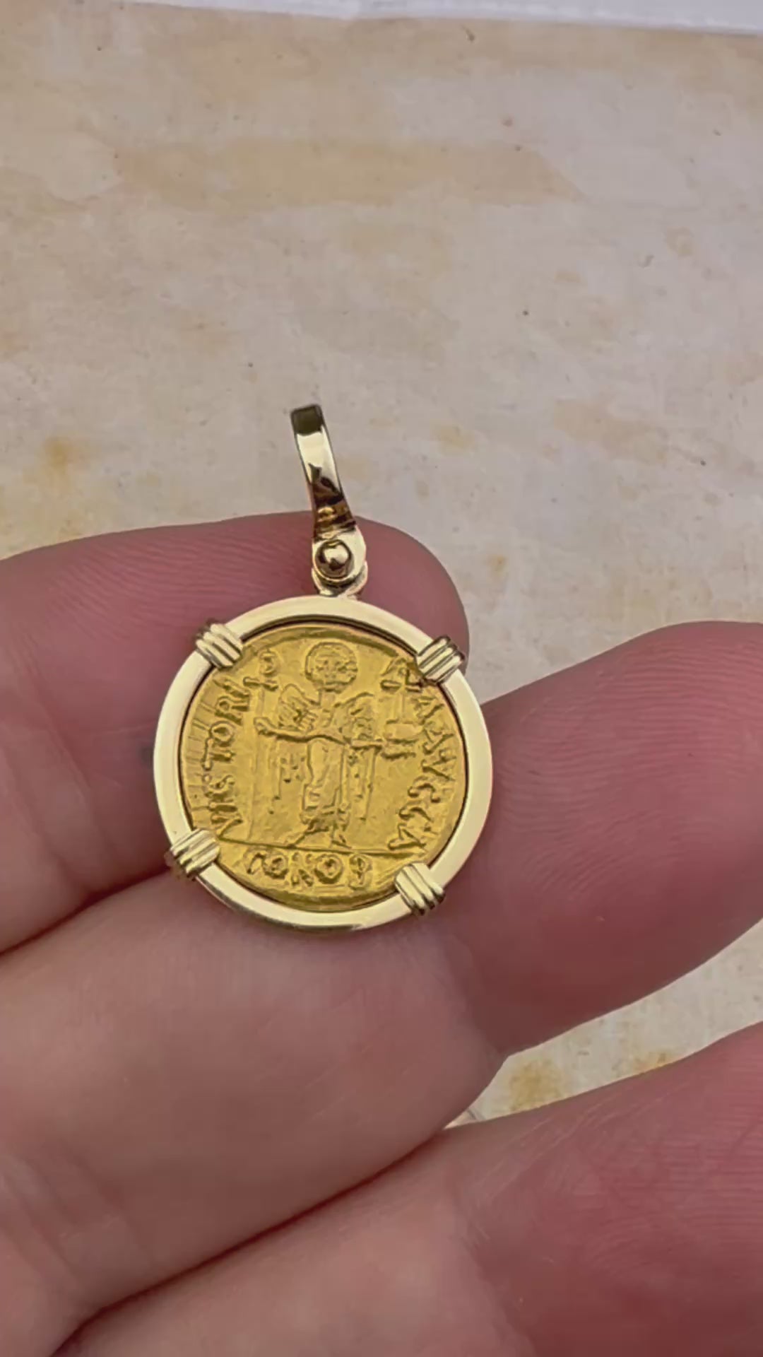 video Byzantine Empire 24K Gold VICTORY Angel Solidus Coin Circa 582 AD in 18K Gold Pendant